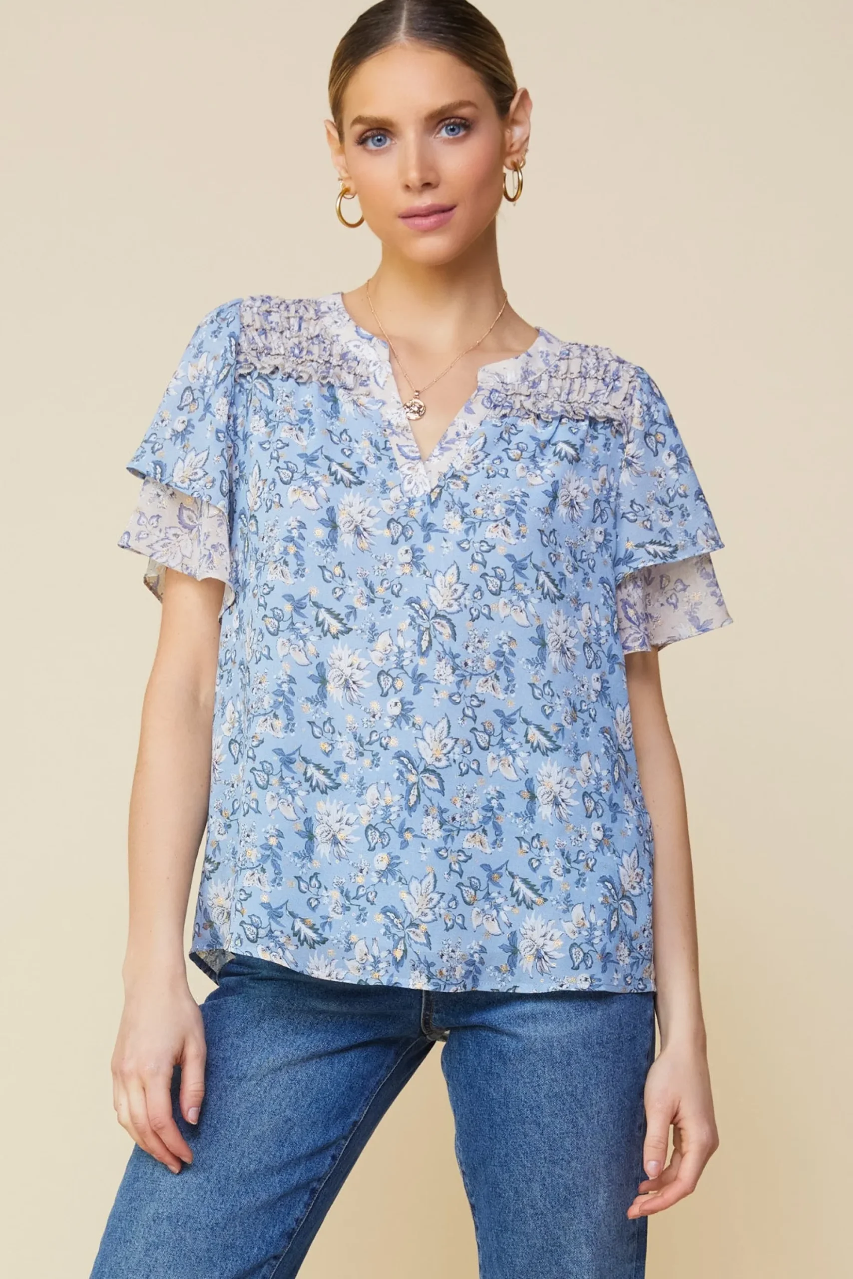 Aster Print Ruffled Detail Contrast Top*SKIES ARE BLUE Best