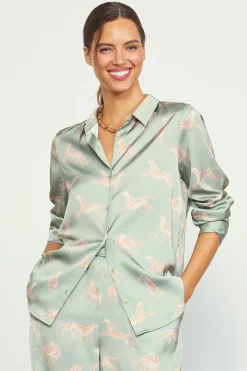 Cheetah Print Satin Button Down Blouse*SKIES ARE BLUE Clearance