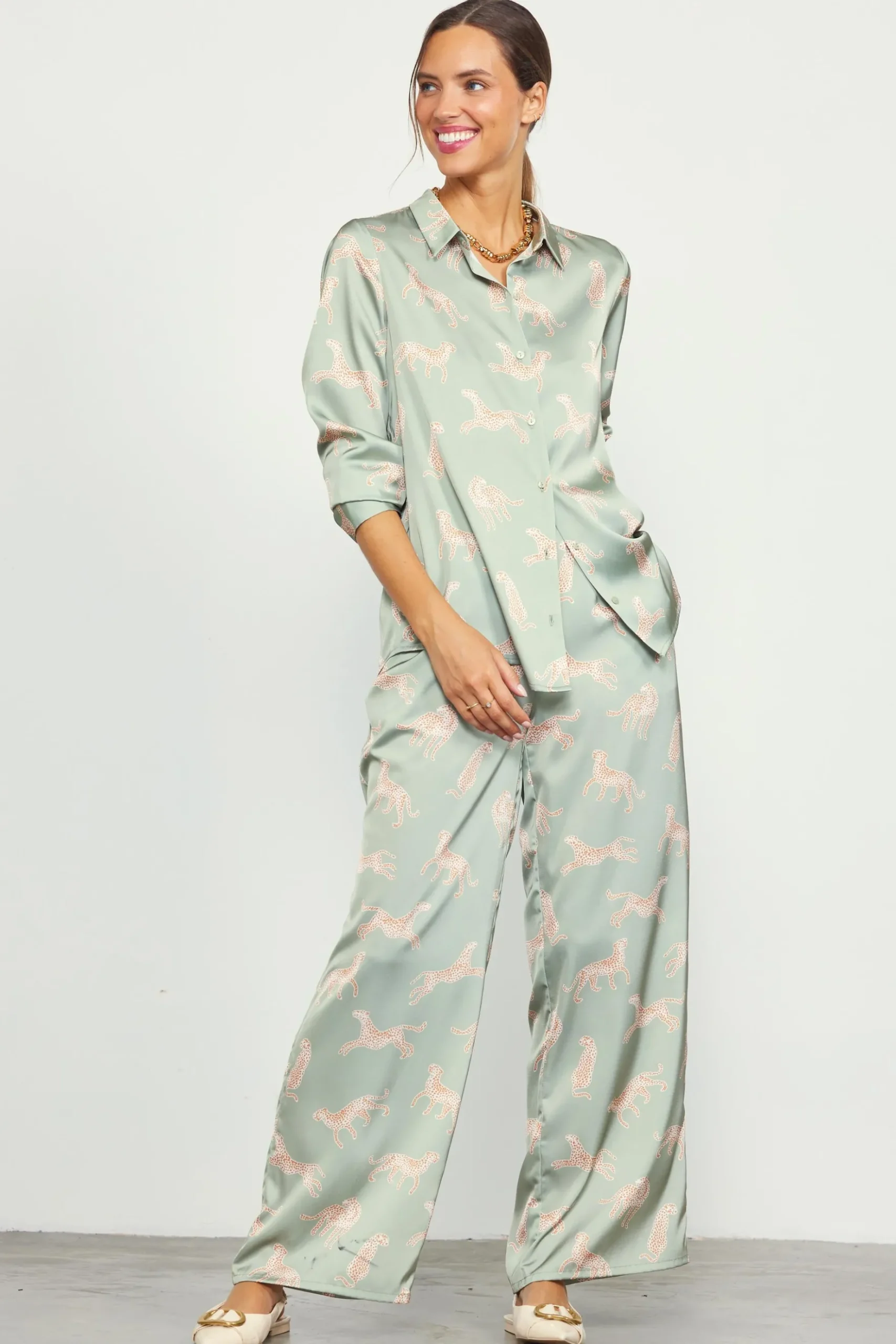 Cheetah Print Satin Long Pants*SKIES ARE BLUE