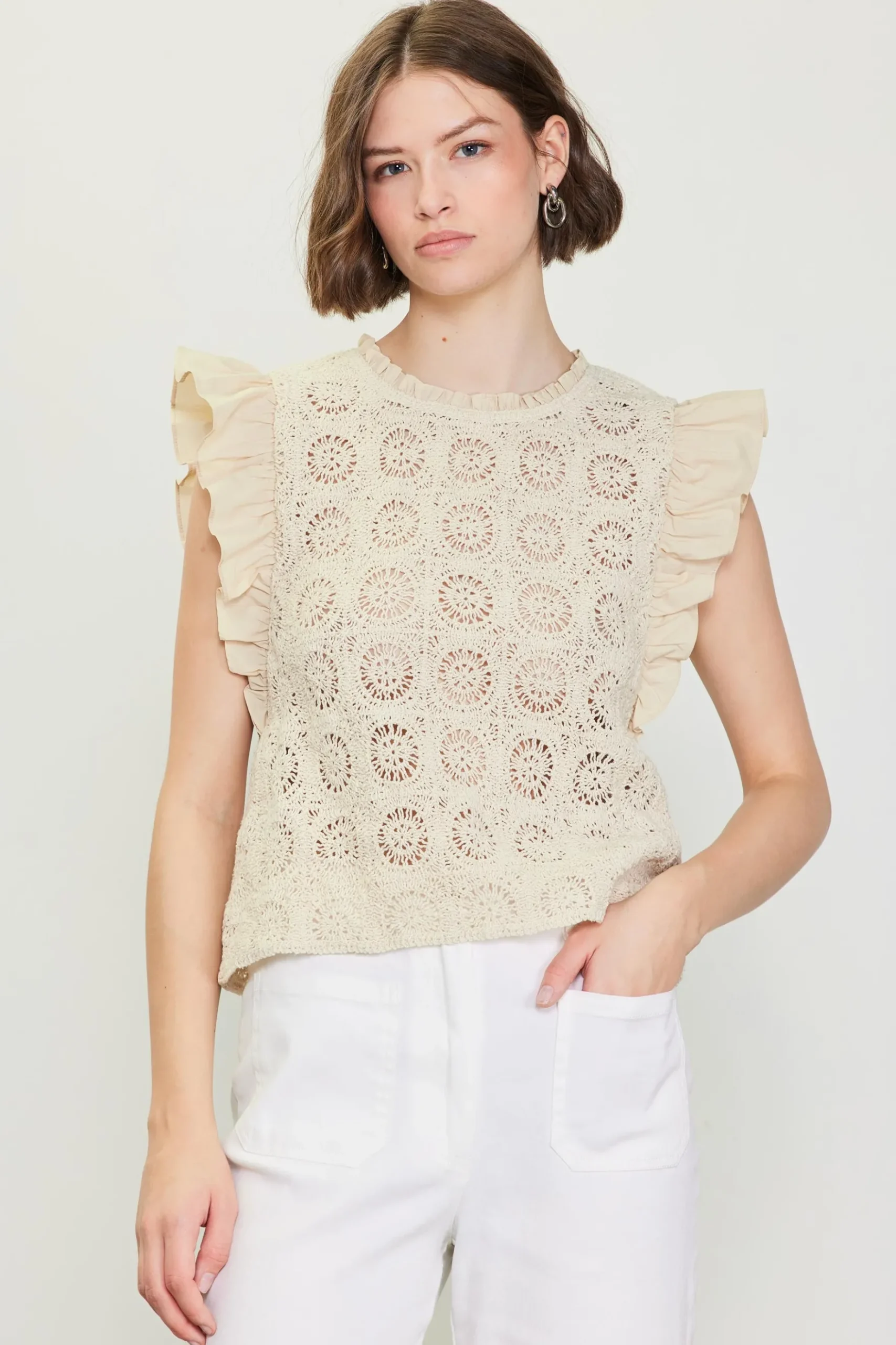 Crochet Flutter Sleeve Top*SKIES ARE BLUE Online