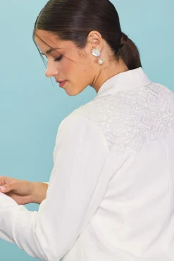 Crochet Trim Shirred Sleeve Blazer*SKIES ARE BLUE Hot