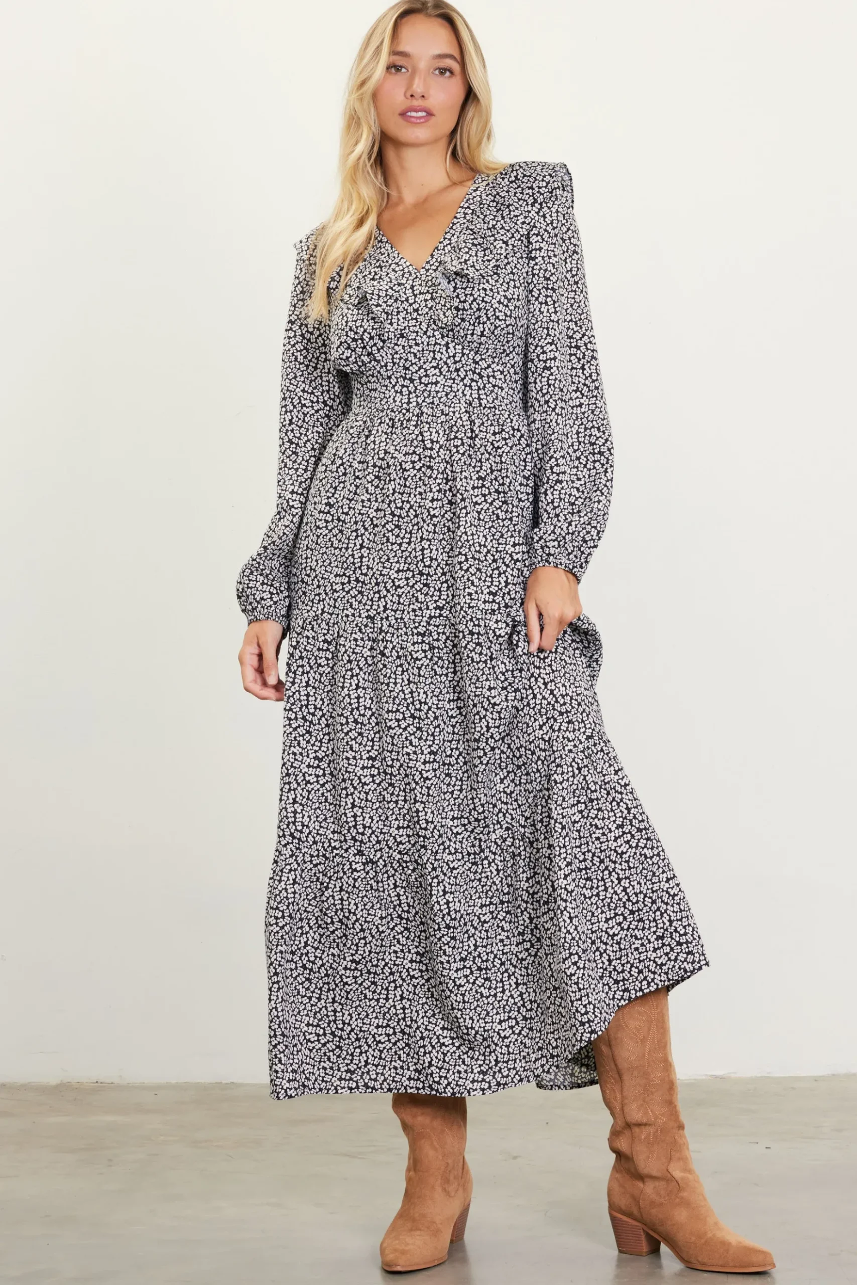 Dainty Floral Print Ruffle Trim Maxi Dress*SKIES ARE BLUE New