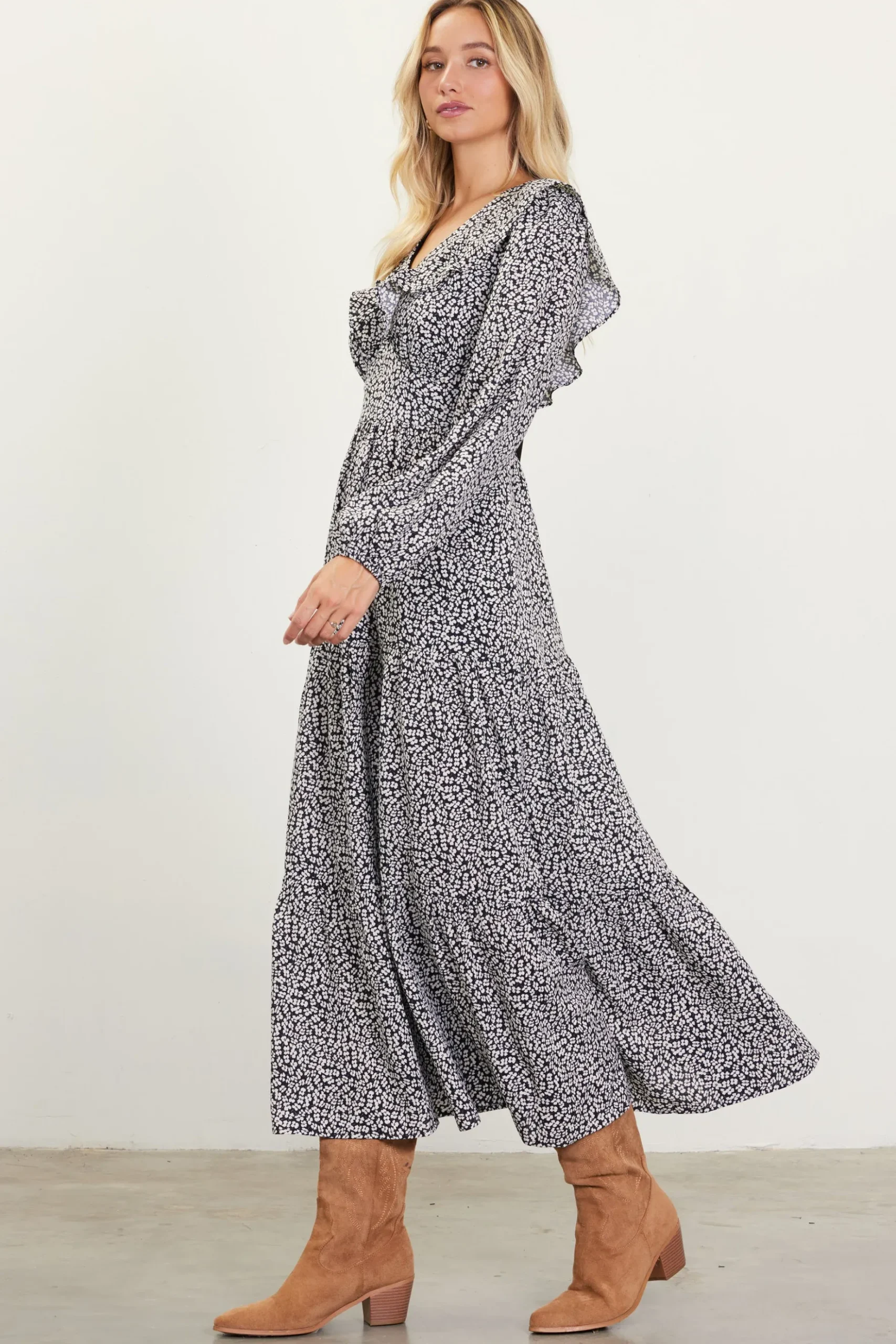 Dainty Floral Print Ruffle Trim Maxi Dress*SKIES ARE BLUE New