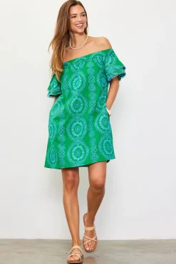 Embroidered Eyelet Off Shoulder Dress*SKIES ARE BLUE