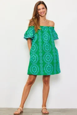 Embroidered Eyelet Off Shoulder Dress*SKIES ARE BLUE