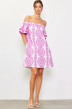 Embroidered Eyelet Off Shoulder Dress*SKIES ARE BLUE