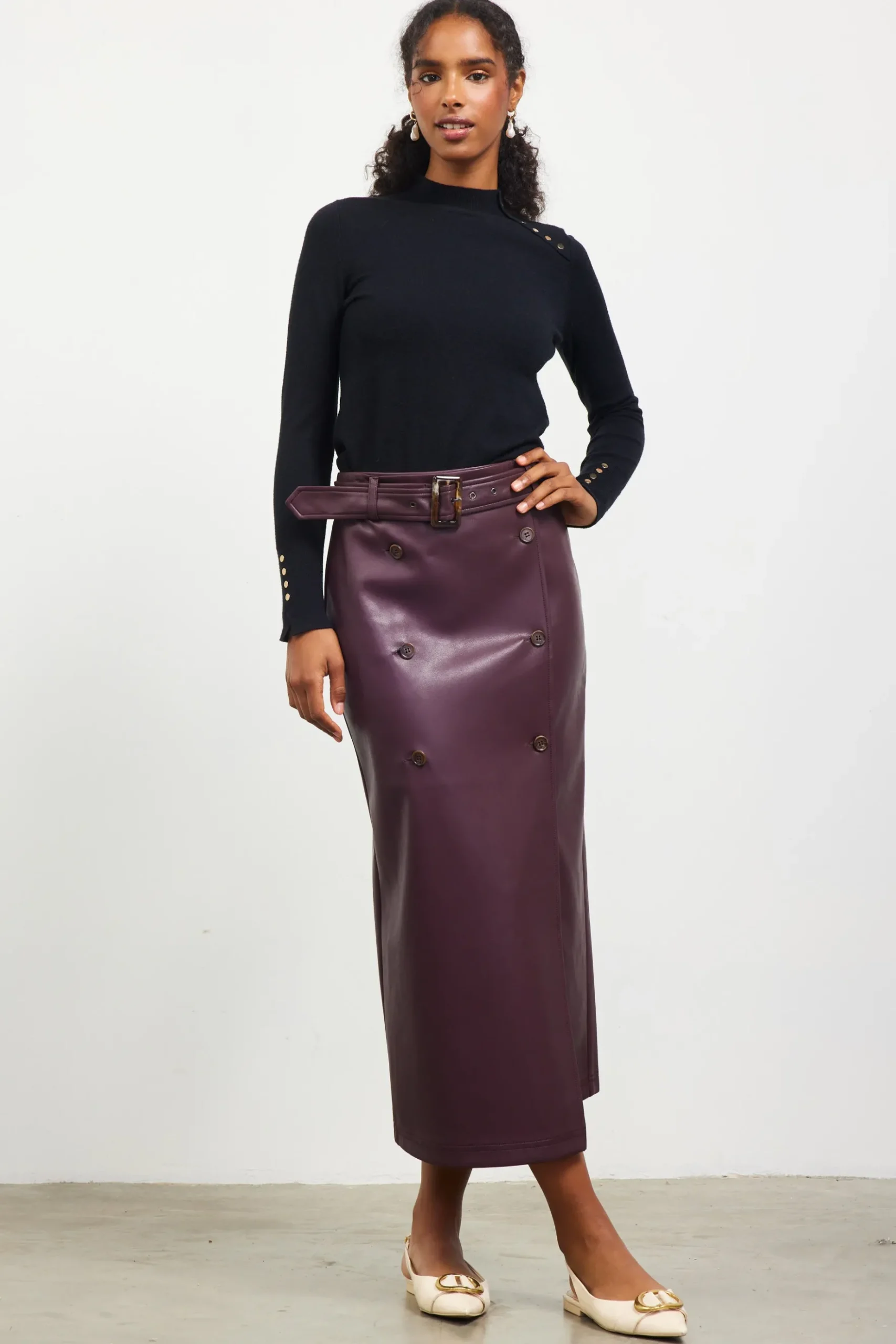 Faux Leather Belted Midi Skirt*SKIES ARE BLUE Hot