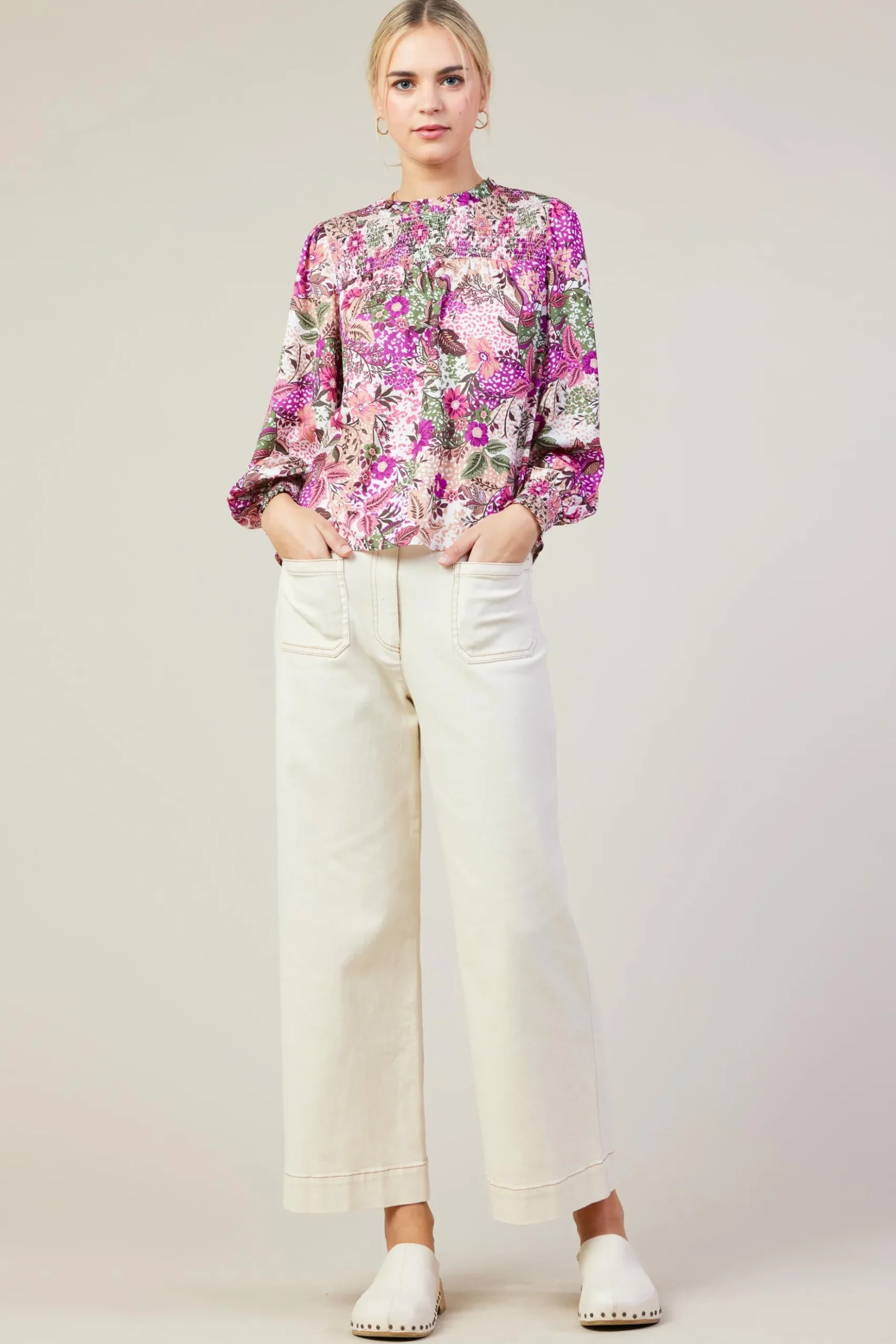 Floral Print Smocked Neckline Blouse*SKIES ARE BLUE Clearance
