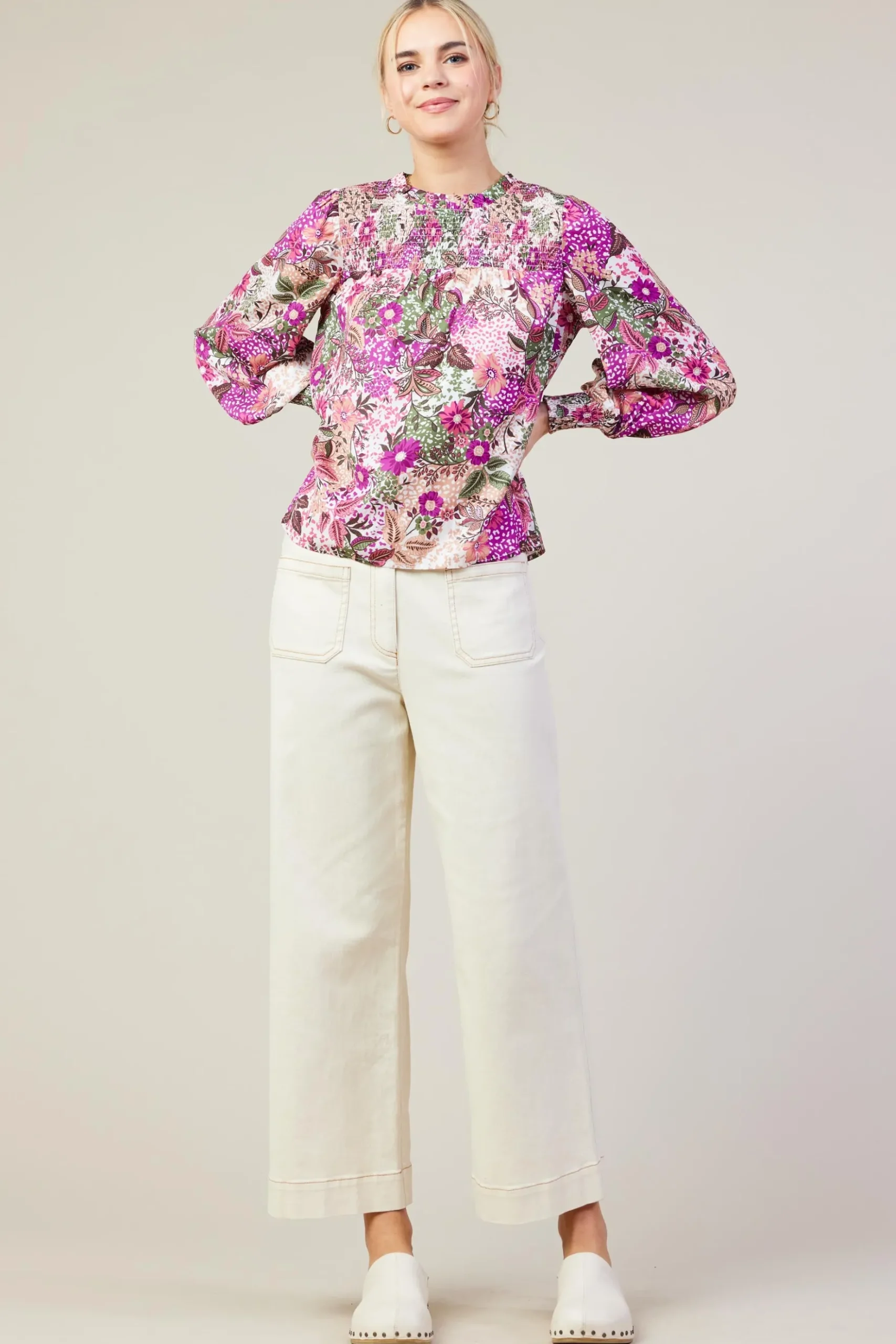 Floral Print Smocked Neckline Blouse*SKIES ARE BLUE Clearance