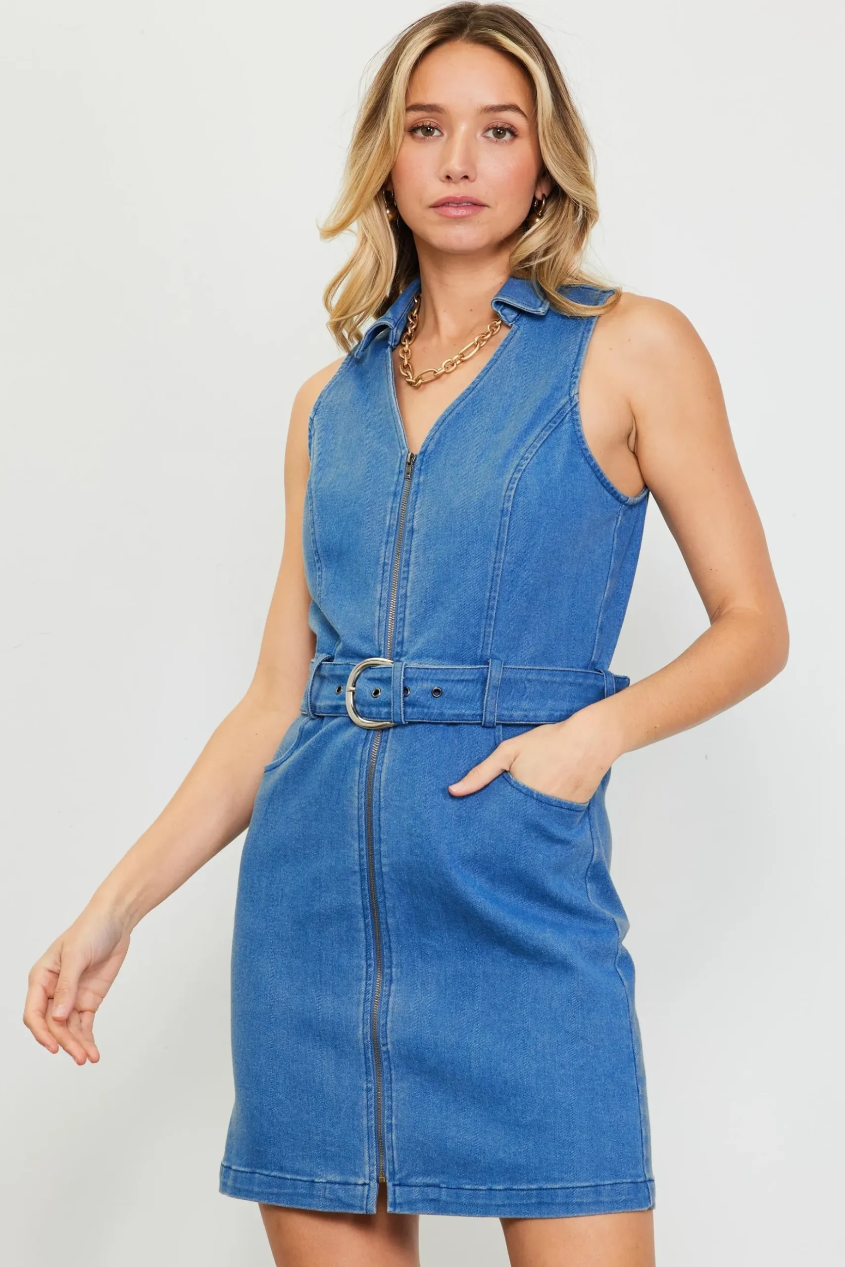 Front Zipper Denim Mini Dress With Belt*SKIES ARE BLUE Hot