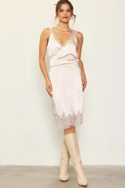 Lace Trim Satin Midi Skirt*SKIES ARE BLUE New