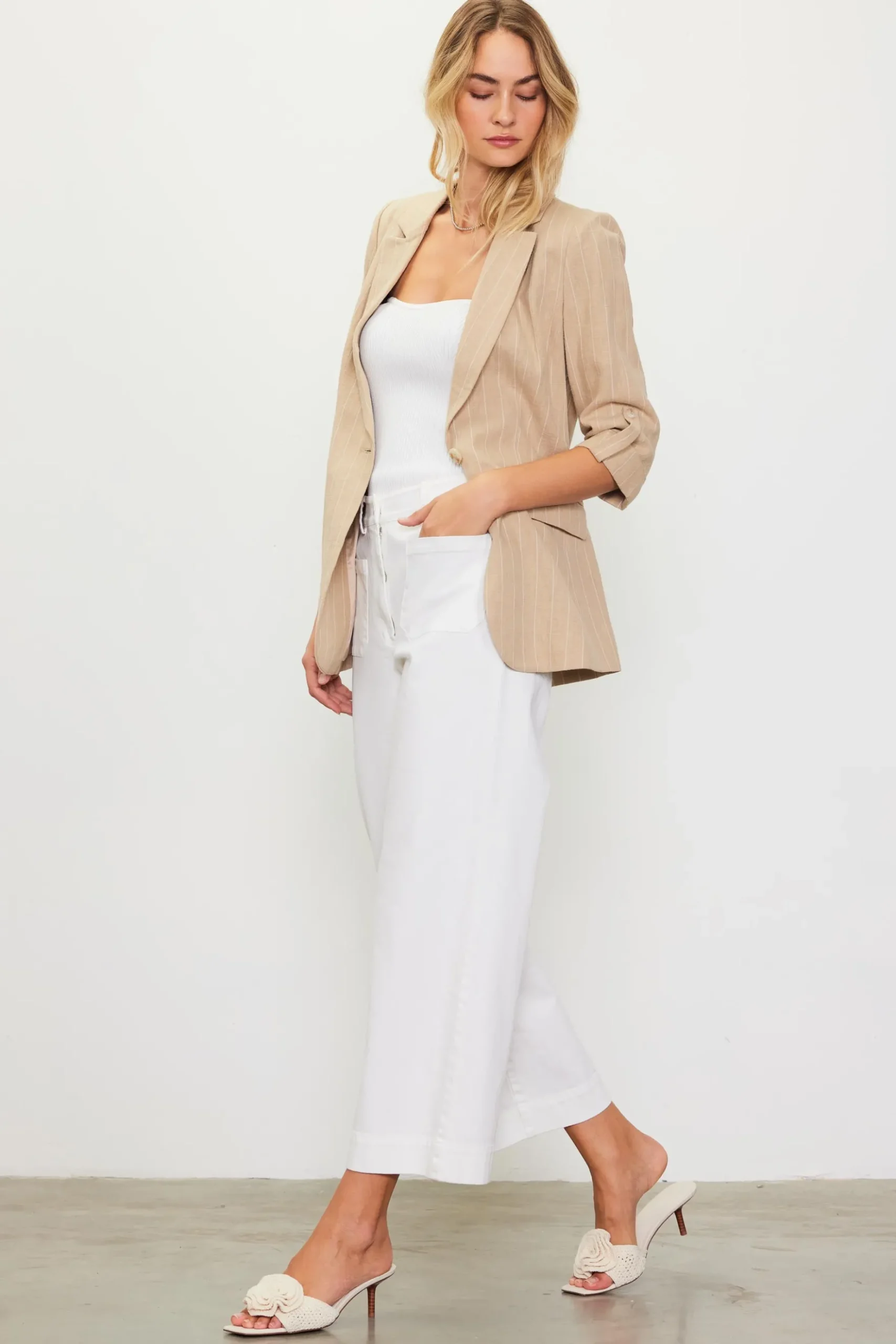 Linen Pinstripe Cuffed Blazer*SKIES ARE BLUE Outlet