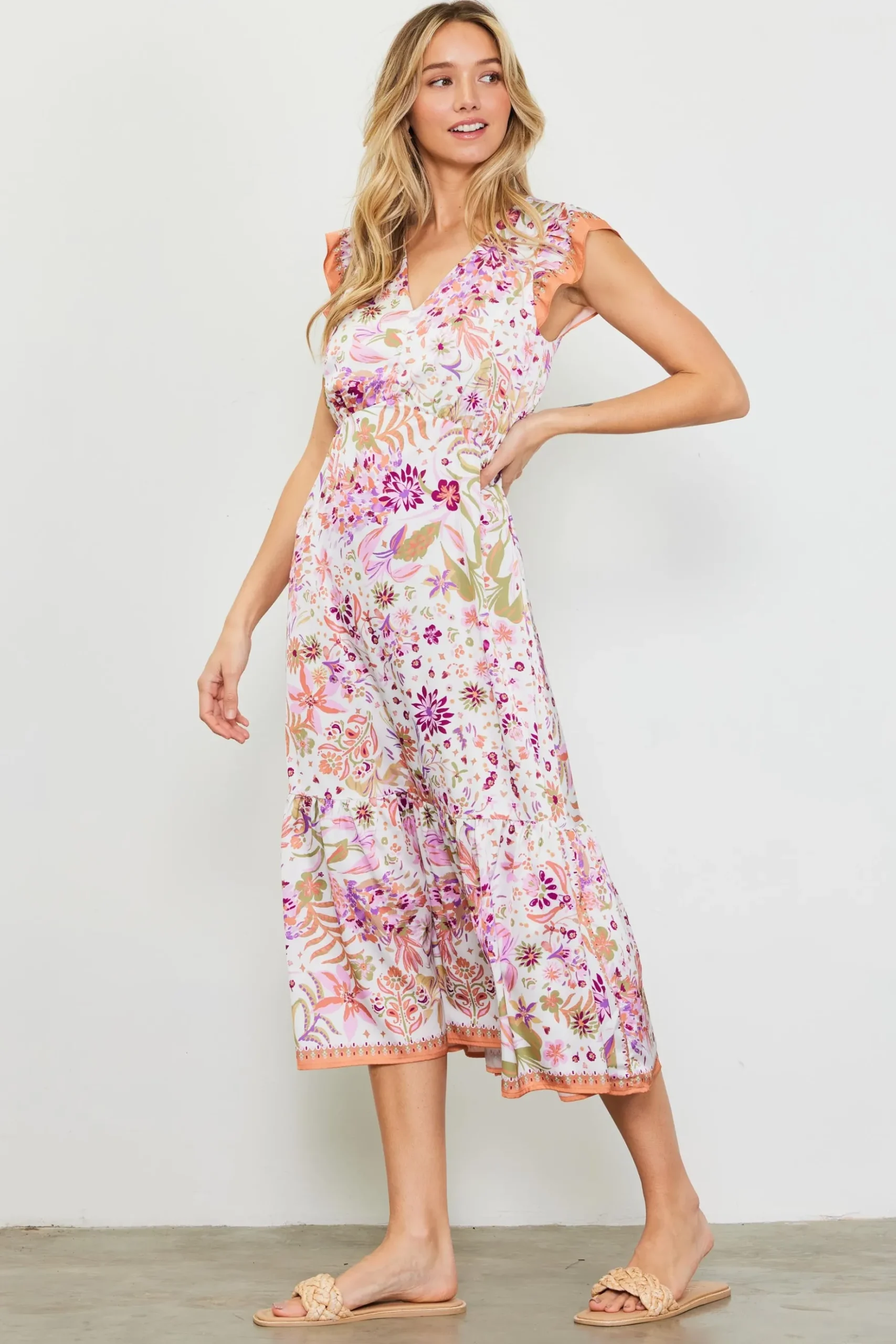 Magnolia Border Print Flutter Sleeve Dress*SKIES ARE BLUE