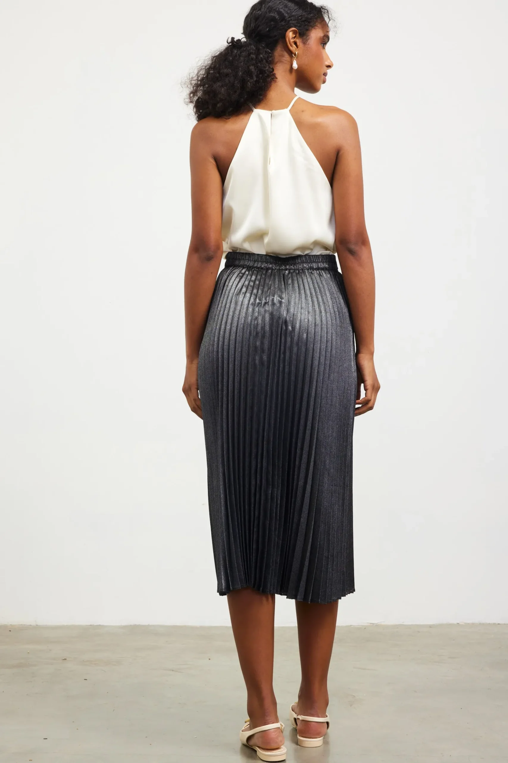 Metallic Foil Pleated Midi Skirt*SKIES ARE BLUE Clearance