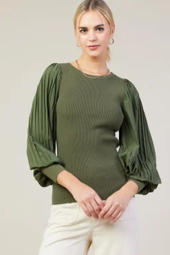 Mixed Media Pleated Sleeve Top*SKIES ARE BLUE