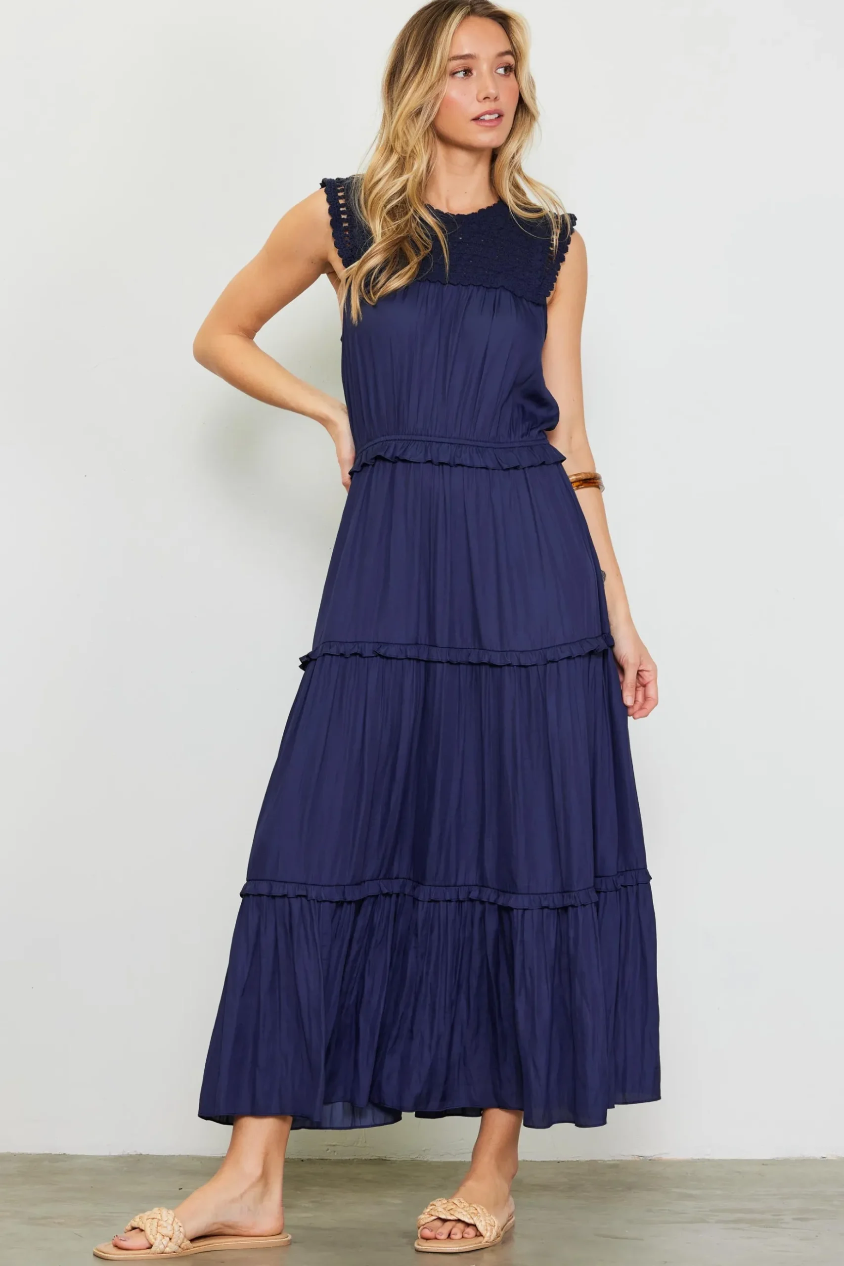 Mixed Media Ruffled Tiered Midi Dress*SKIES ARE BLUE Online