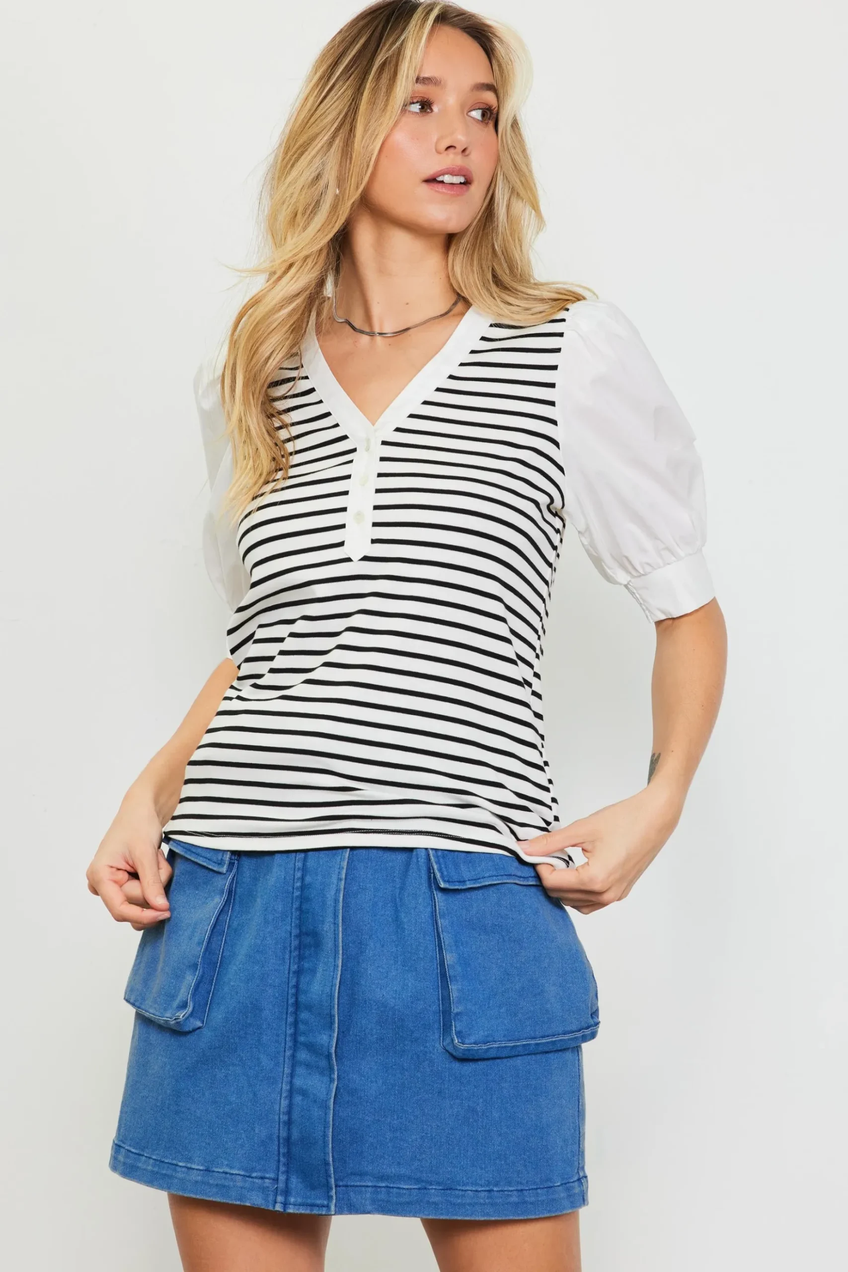 Mixed Media Striped Puff Sleeve Top*SKIES ARE BLUE Clearance