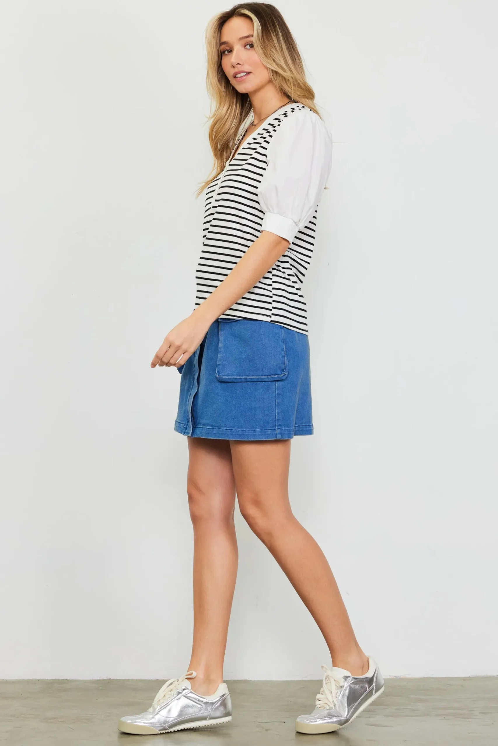 Mixed Media Striped Puff Sleeve Top*SKIES ARE BLUE Clearance
