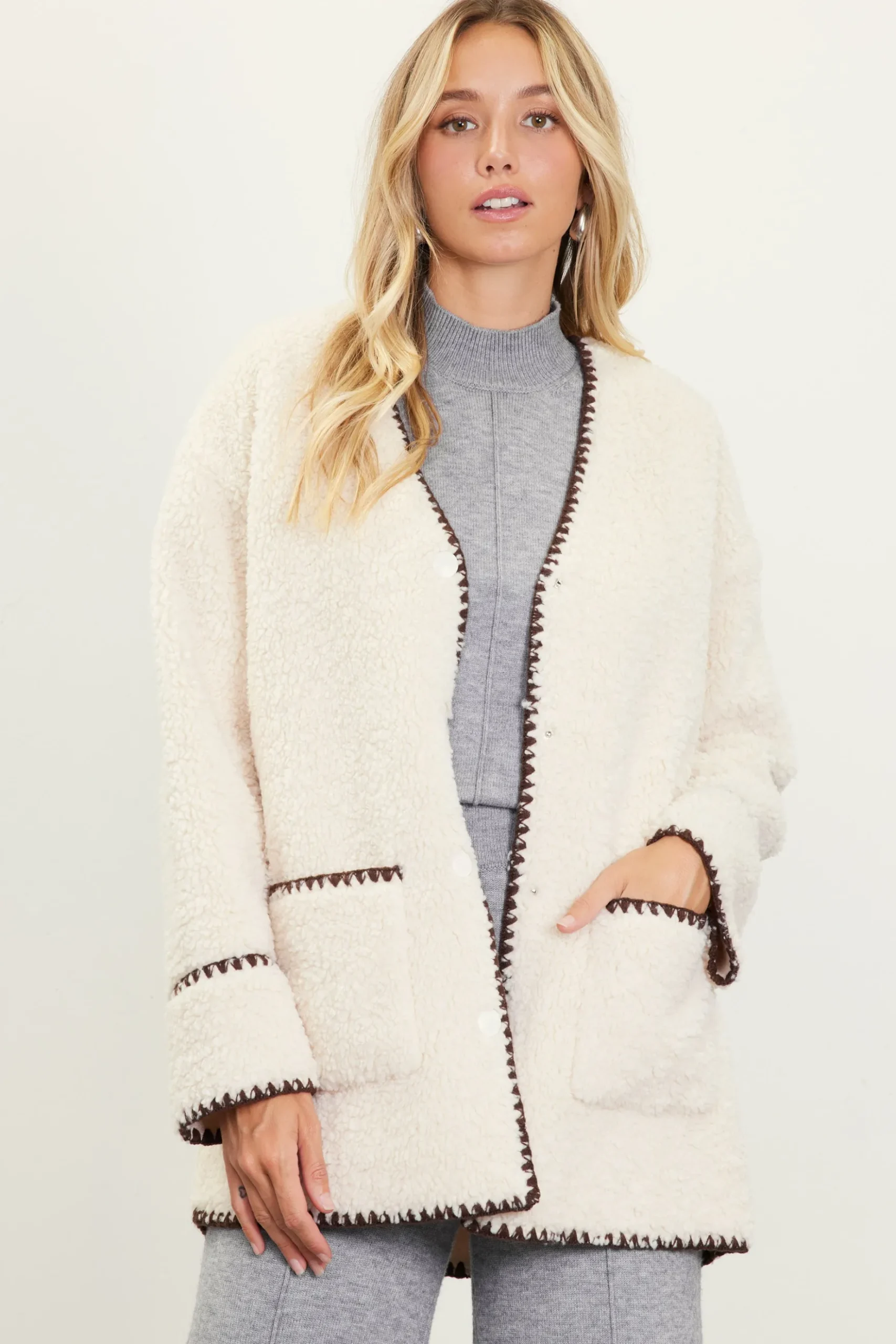 Noelle Contrast Stitch Detail Sherpa Coat*SKIES ARE BLUE New