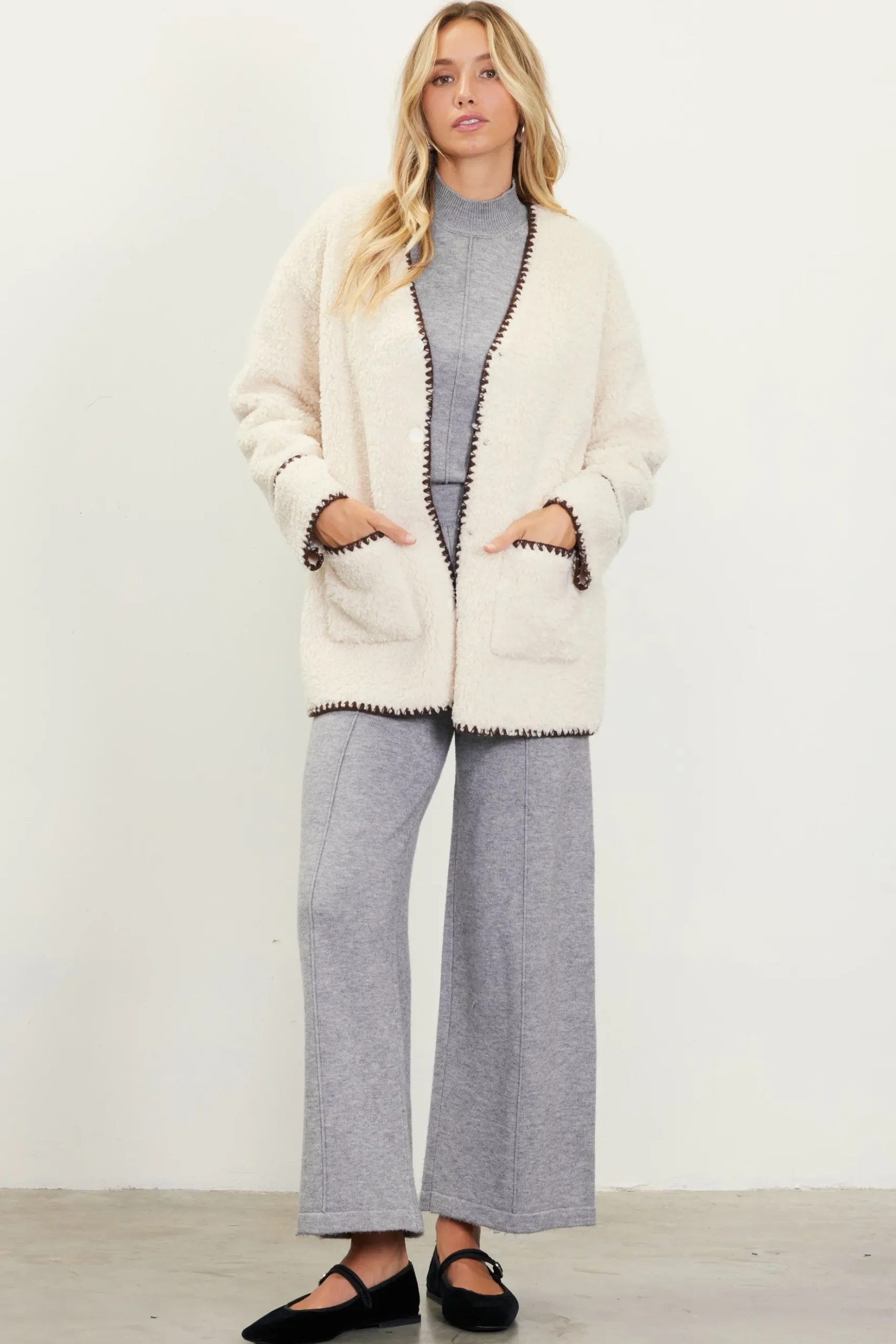 Noelle Contrast Stitch Detail Sherpa Coat*SKIES ARE BLUE New
