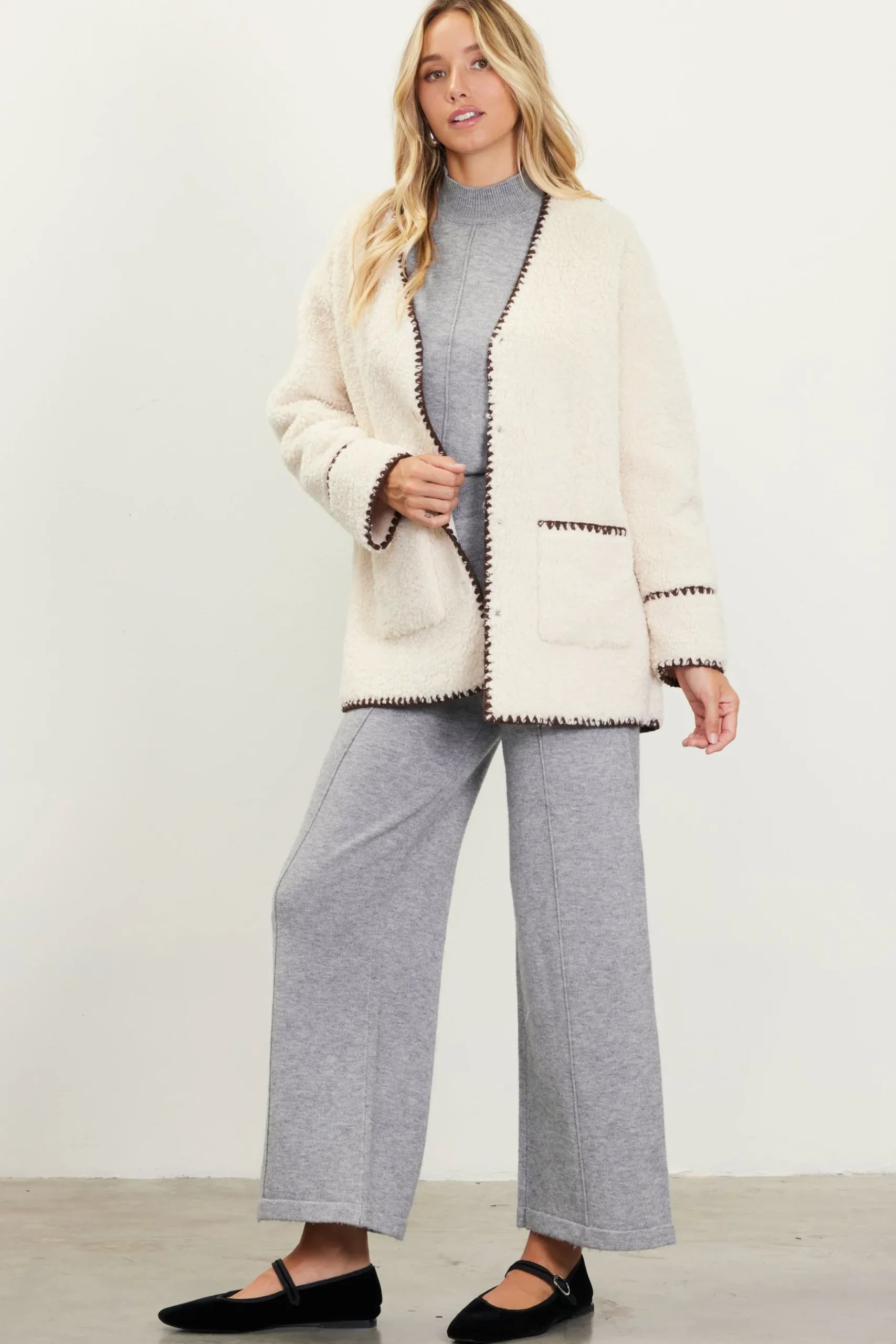 Noelle Contrast Stitch Detail Sherpa Coat*SKIES ARE BLUE New