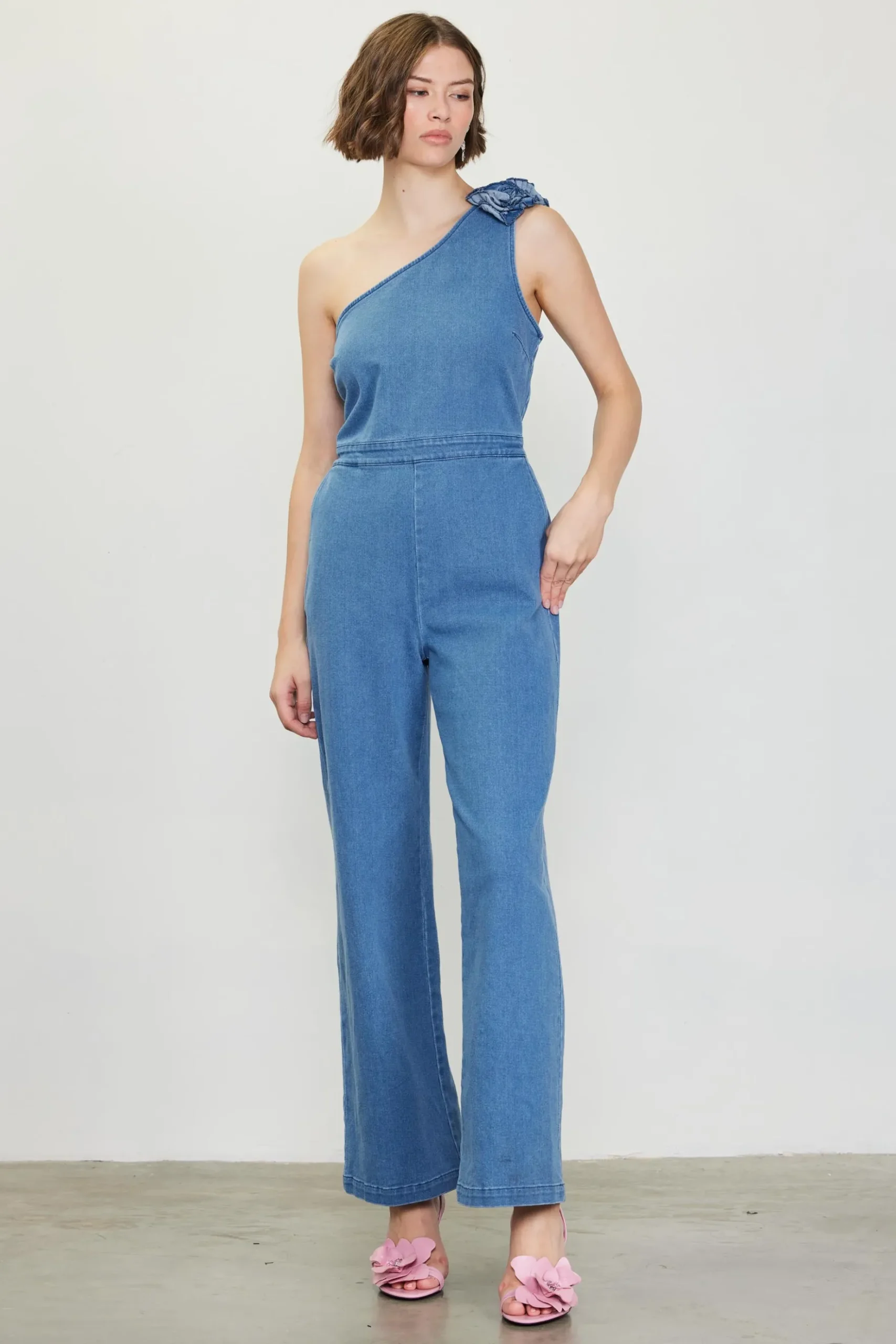 One Shoulder Denim Jumpsuit with Rosette*SKIES ARE BLUE