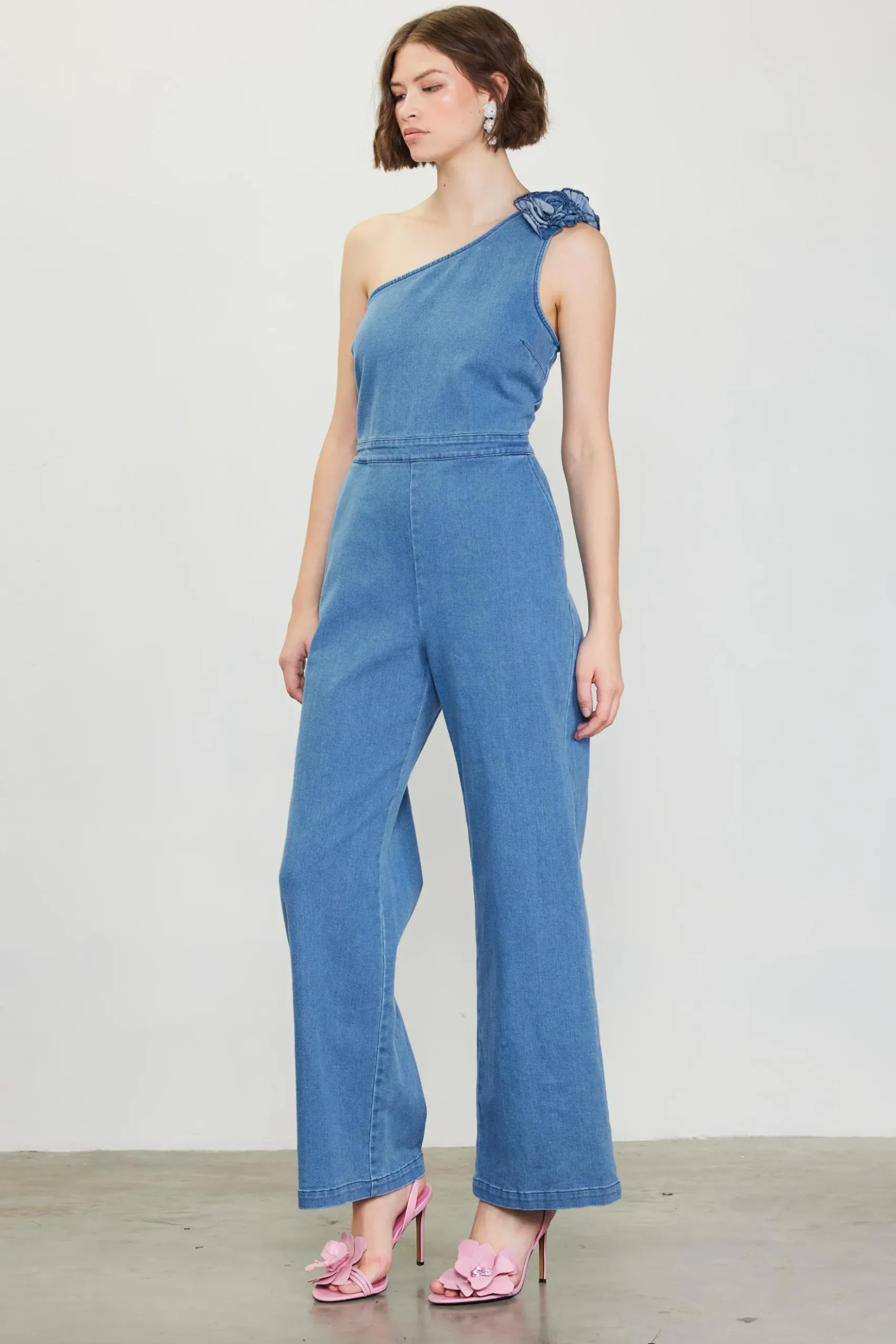 One Shoulder Denim Jumpsuit with Rosette*SKIES ARE BLUE