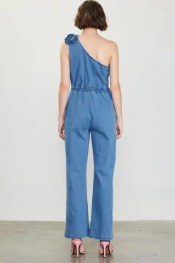One Shoulder Denim Jumpsuit with Rosette*SKIES ARE BLUE