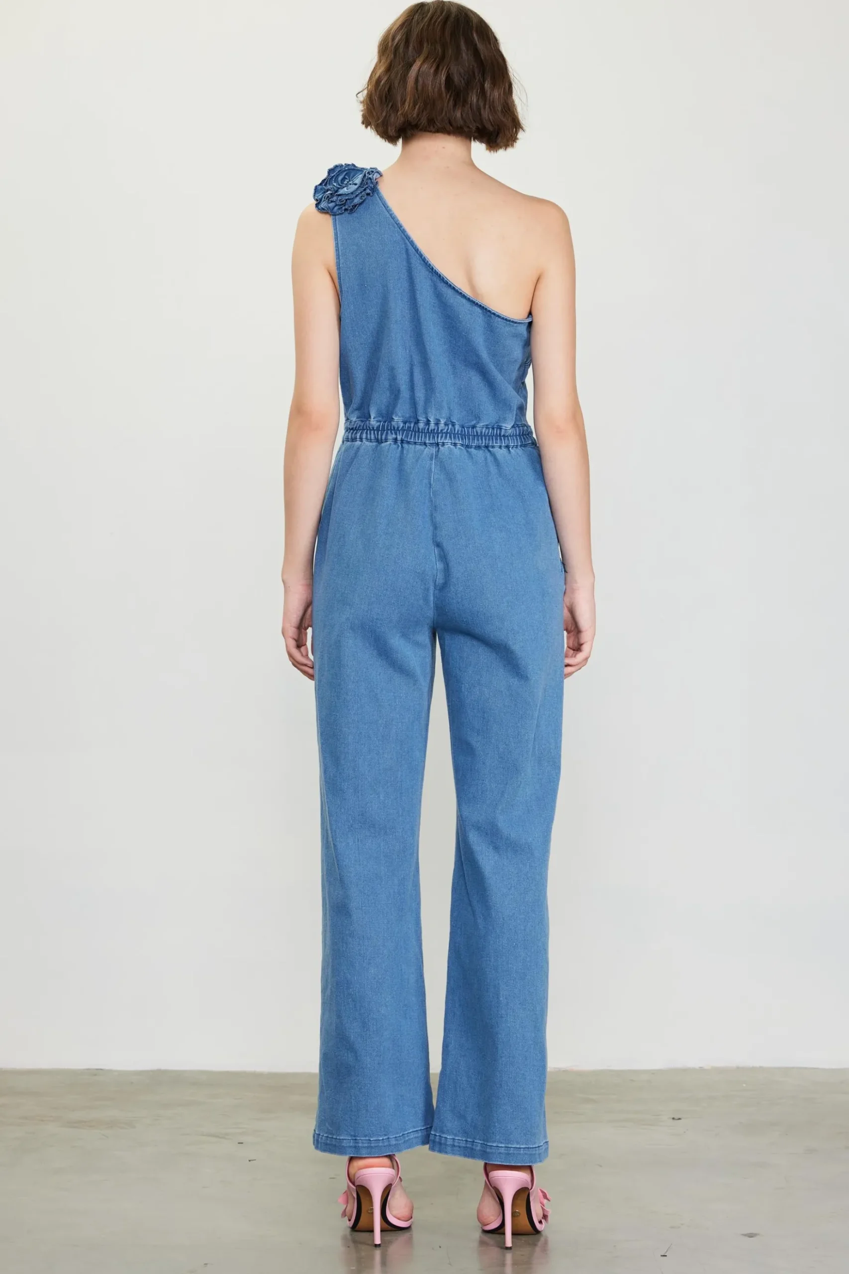 One Shoulder Denim Jumpsuit with Rosette*SKIES ARE BLUE