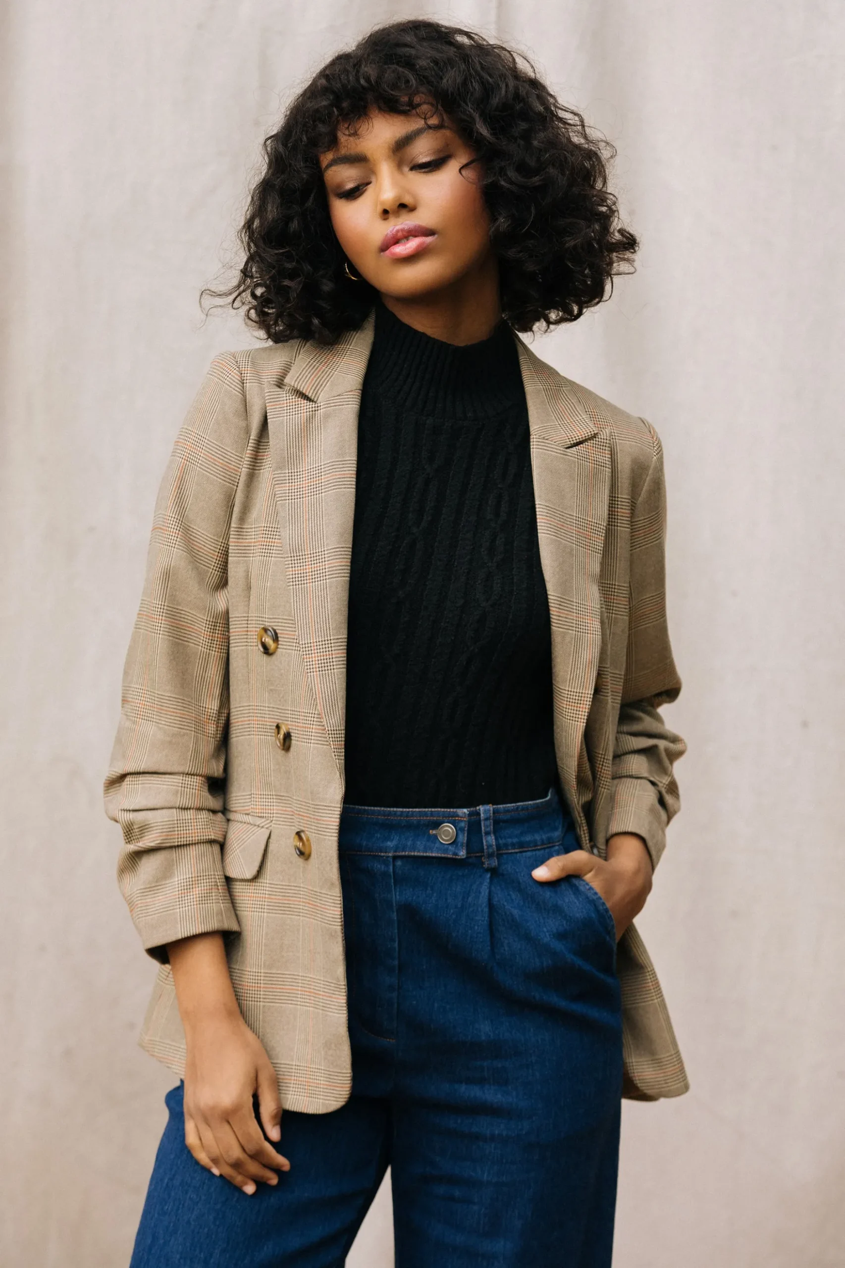 Plaid Ruched Sleeve Tailored Blazer*SKIES ARE BLUE Discount