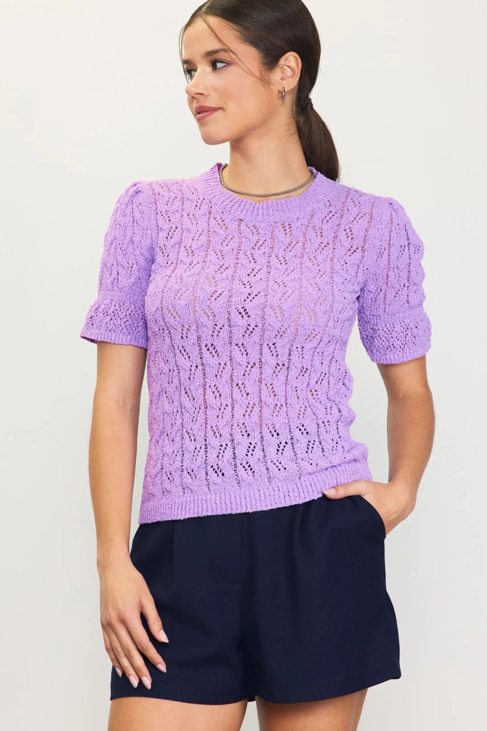 Pointelle Short Sleeve Sweater*SKIES ARE BLUE Clearance