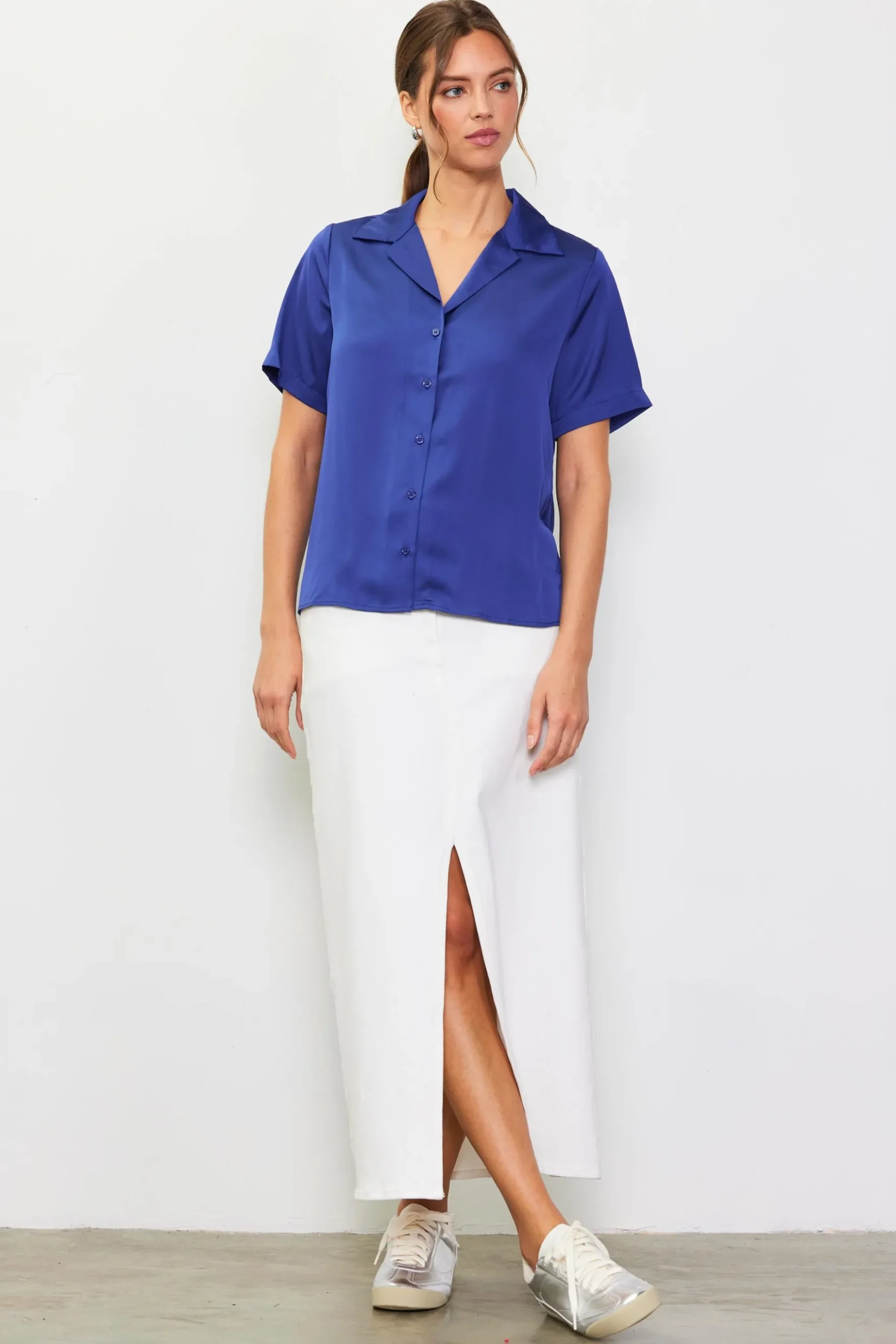 Recycled Button Down Short Sleeve Shirt*SKIES ARE BLUE Sale