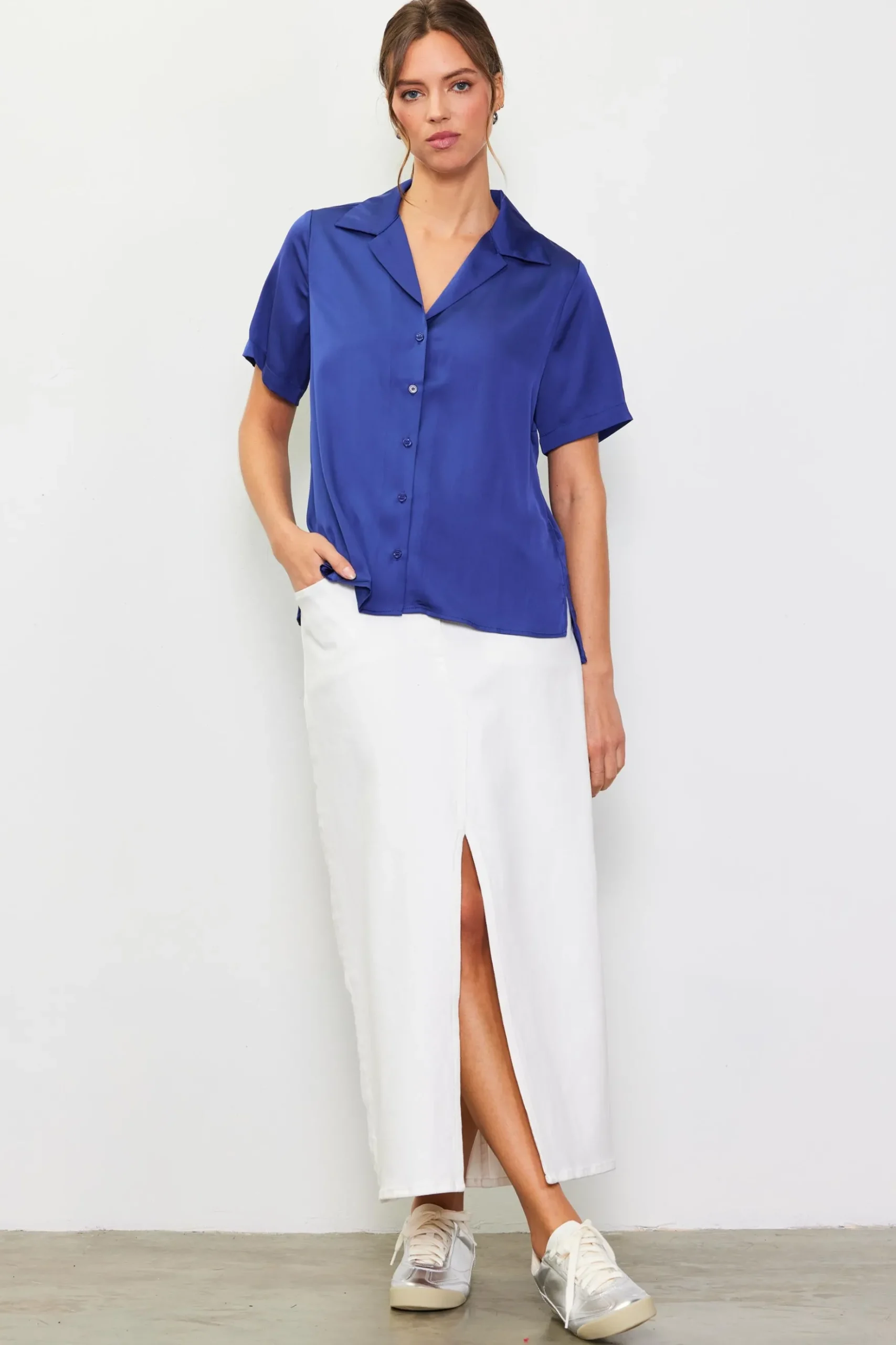 Recycled Button Down Short Sleeve Shirt*SKIES ARE BLUE Sale