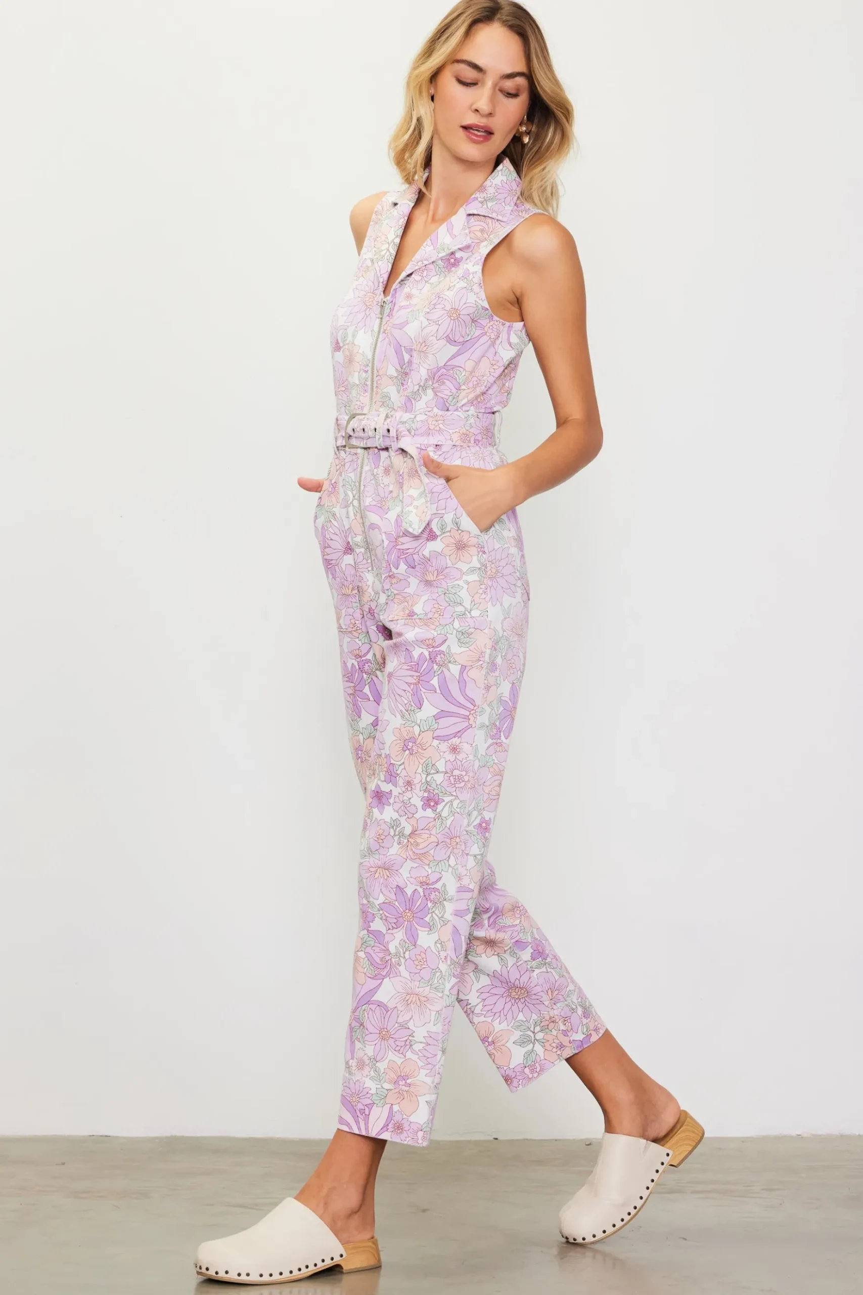 Retro Floral Belted Zip Jumpsuit*SKIES ARE BLUE New