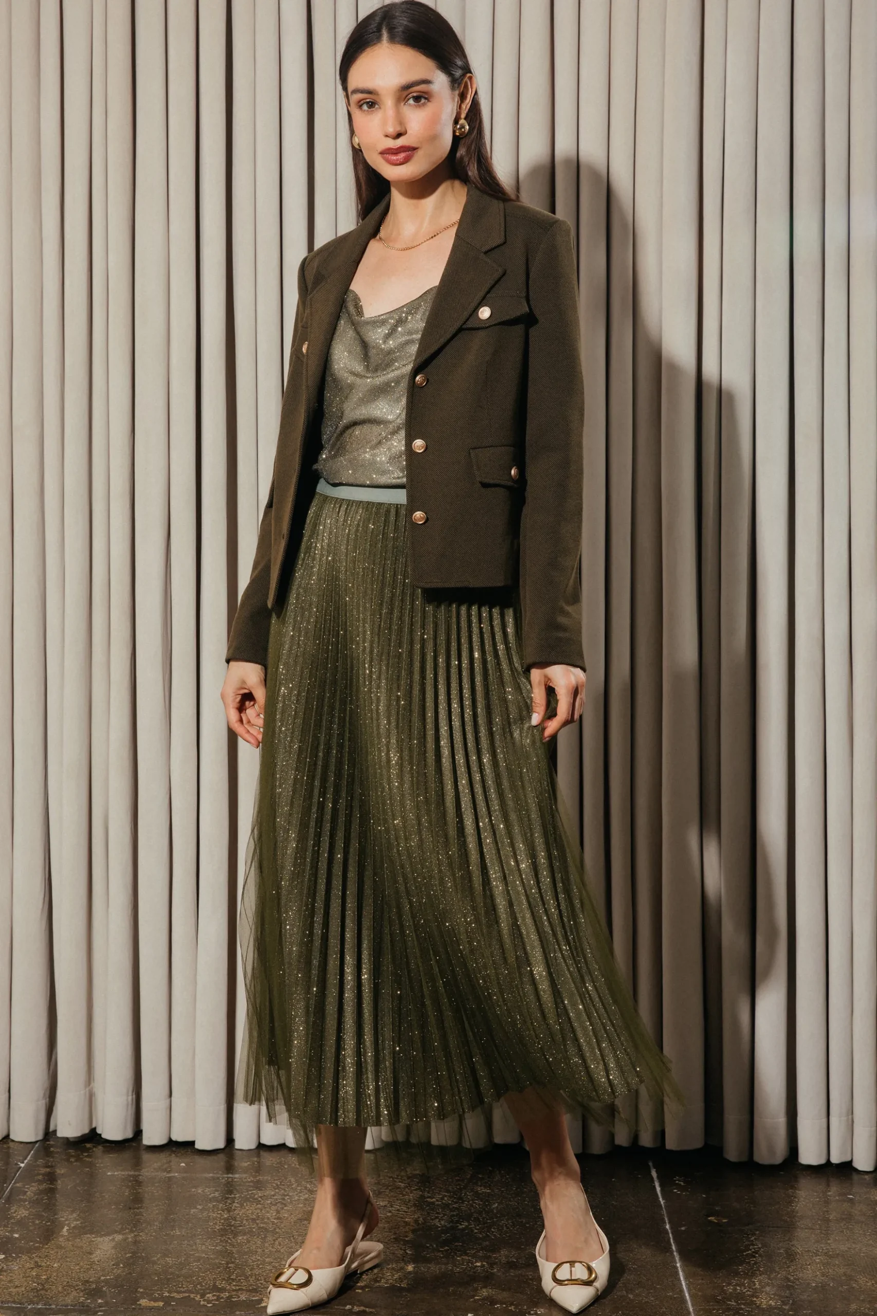 Shimmery Pleated Midi Skirt*SKIES ARE BLUE Best