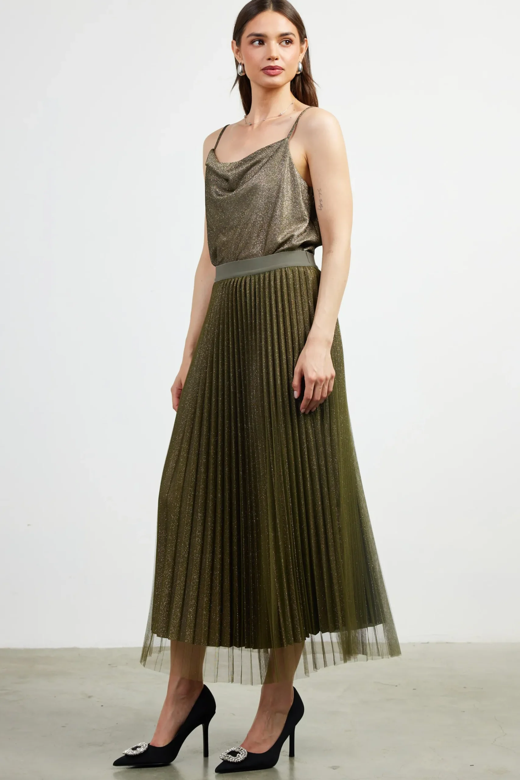 Shimmery Pleated Midi Skirt*SKIES ARE BLUE Best