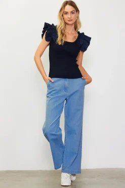 Shirred Ruffle Sleeve Ribbed Sweater*SKIES ARE BLUE Sale