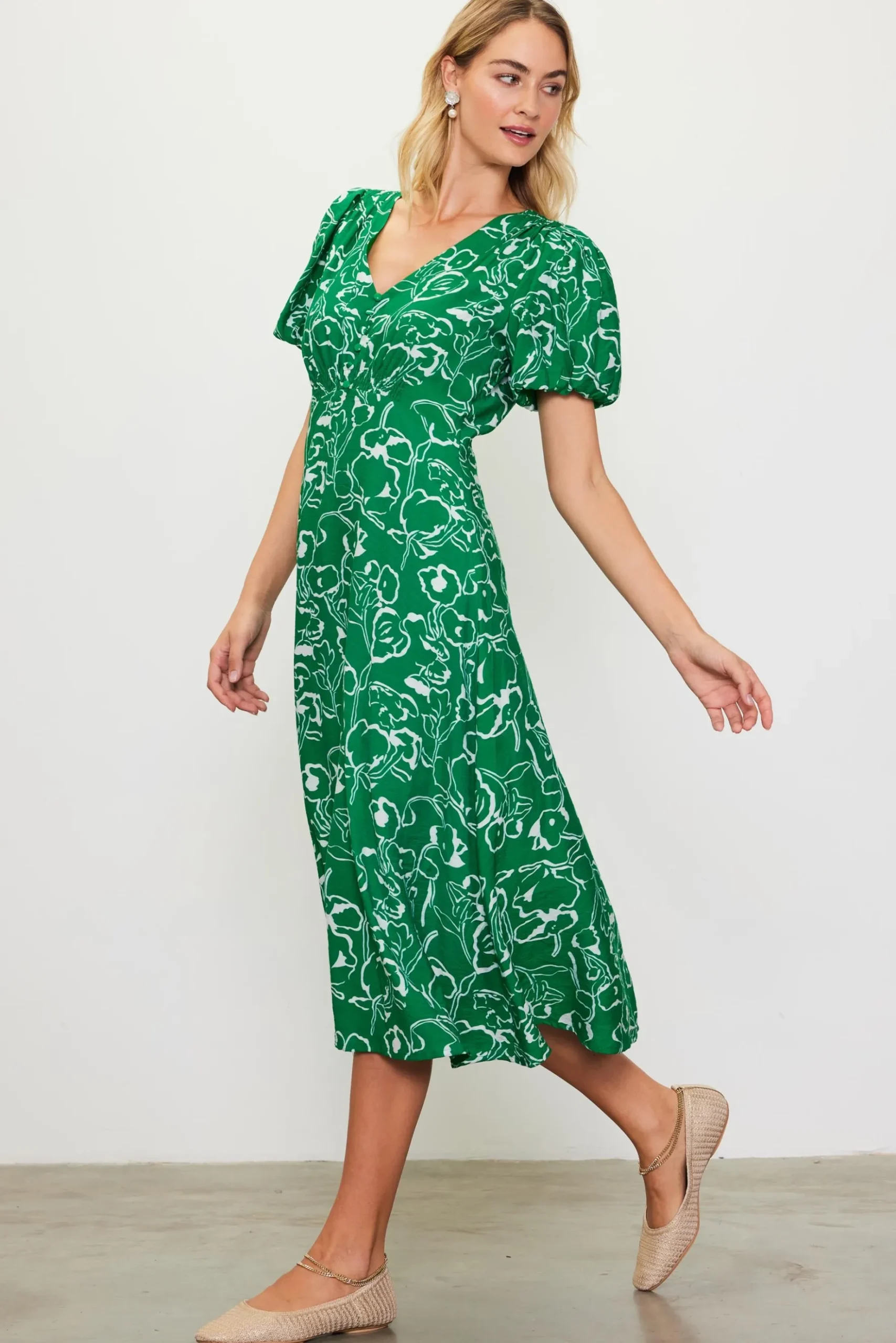 Shirred Shoulder Print Midi Dress*SKIES ARE BLUE Hot