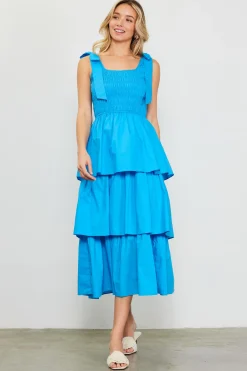 Smocked Bodice Ribbon Detail Tiered Midi Dress*SKIES ARE BLUE New
