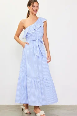 Striped One Shoulder Ruffle Dress*SKIES ARE BLUE Outlet