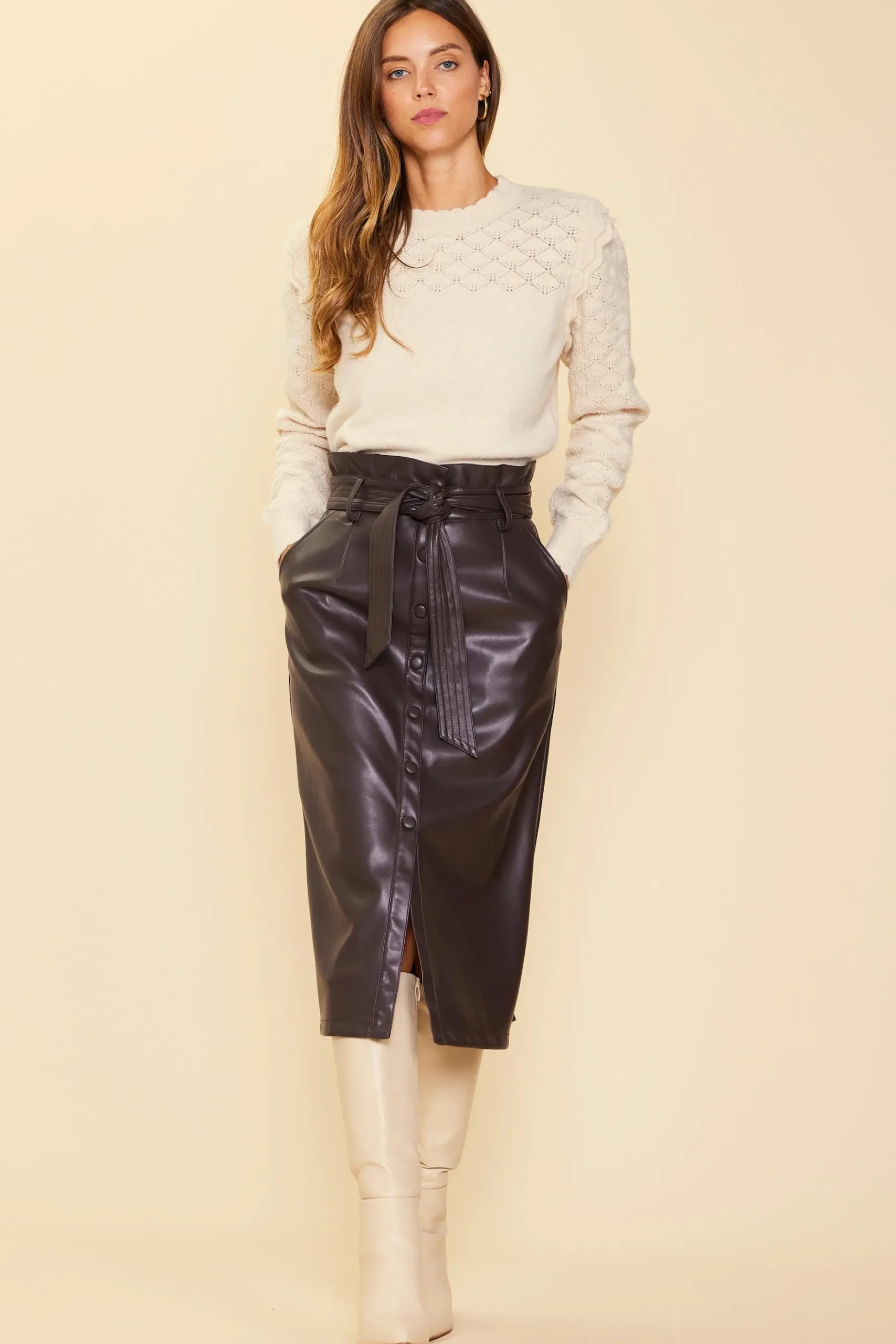 Vegan Leather Front Tie Midi Skirt*SKIES ARE BLUE Clearance