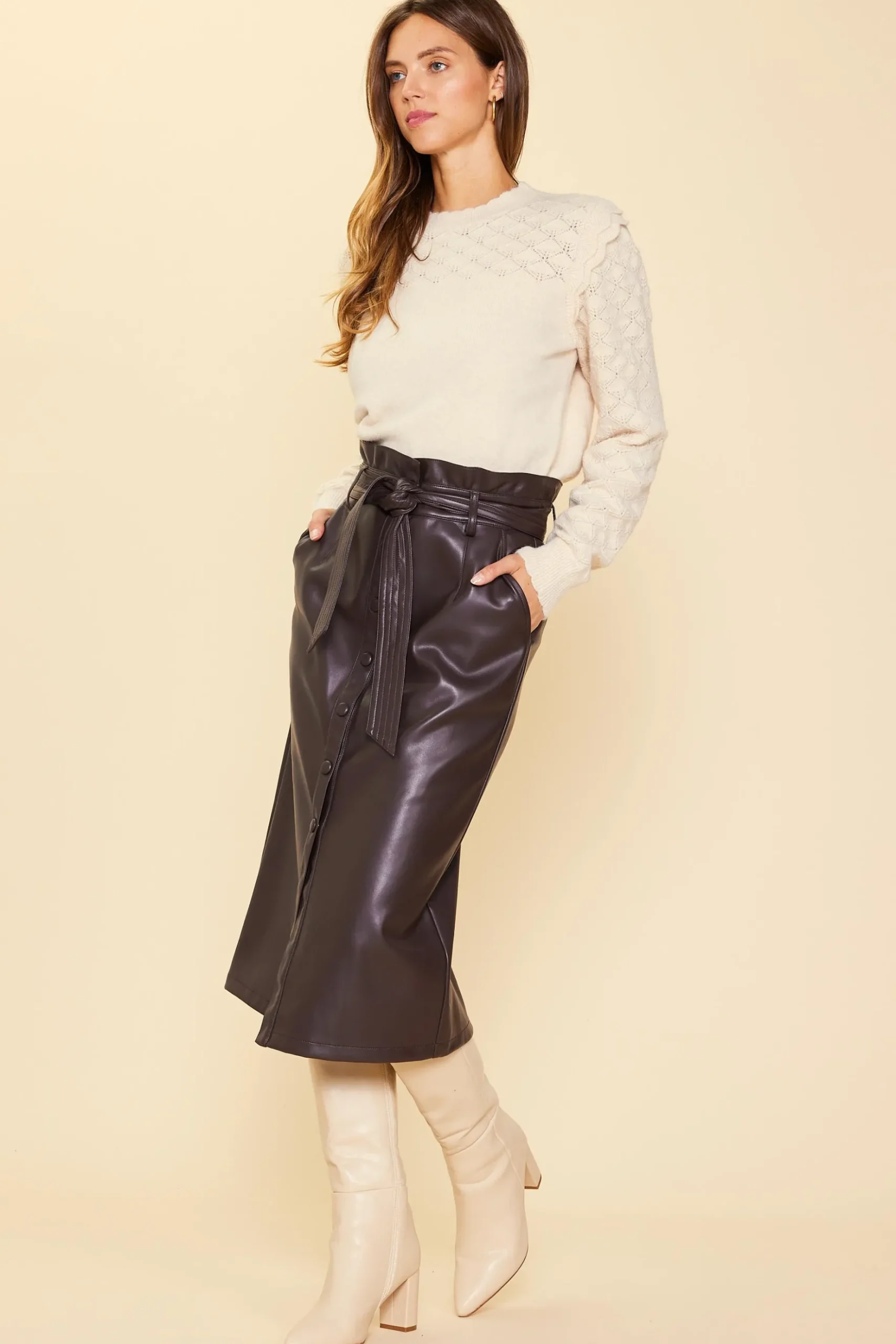 Vegan Leather Front Tie Midi Skirt*SKIES ARE BLUE Clearance