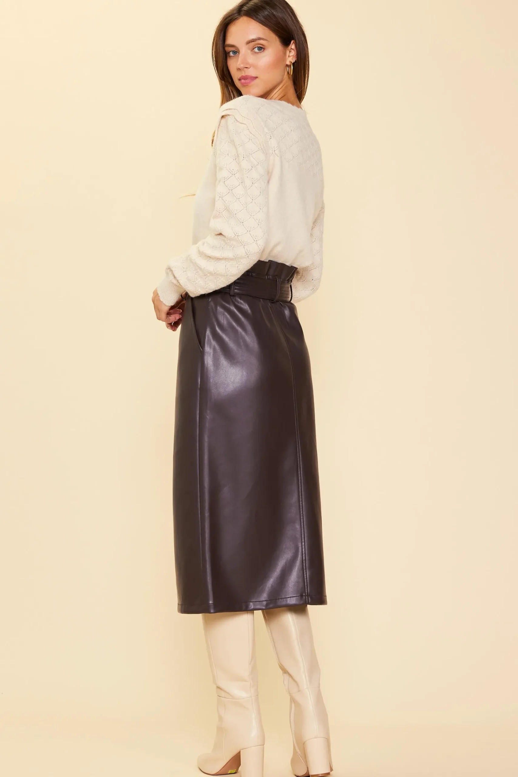 Vegan Leather Front Tie Midi Skirt*SKIES ARE BLUE Clearance